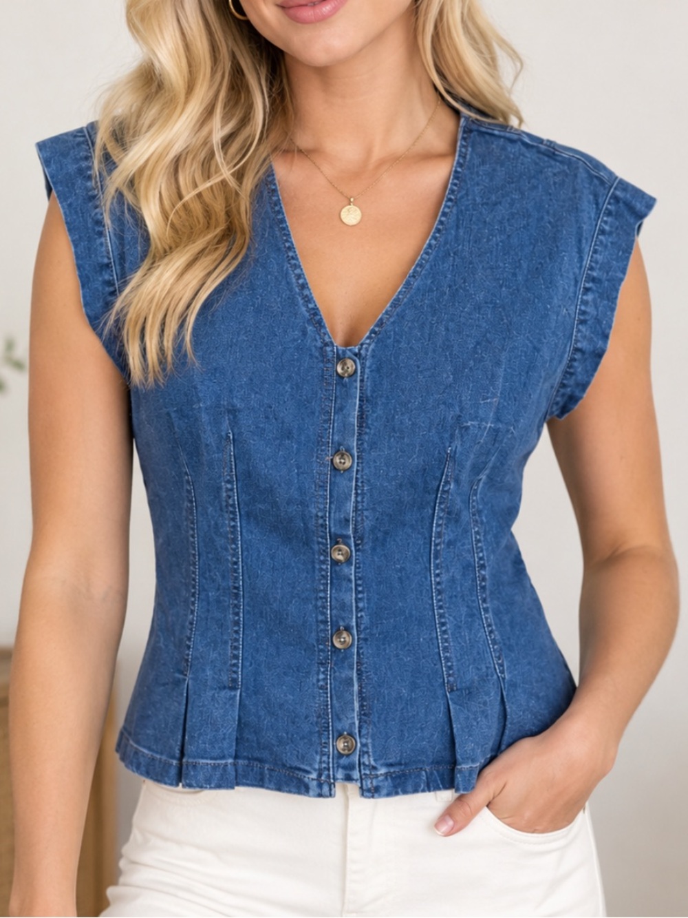 Women's Blue Denim Button-Front V-Neck Vest- NWT- Size XXL